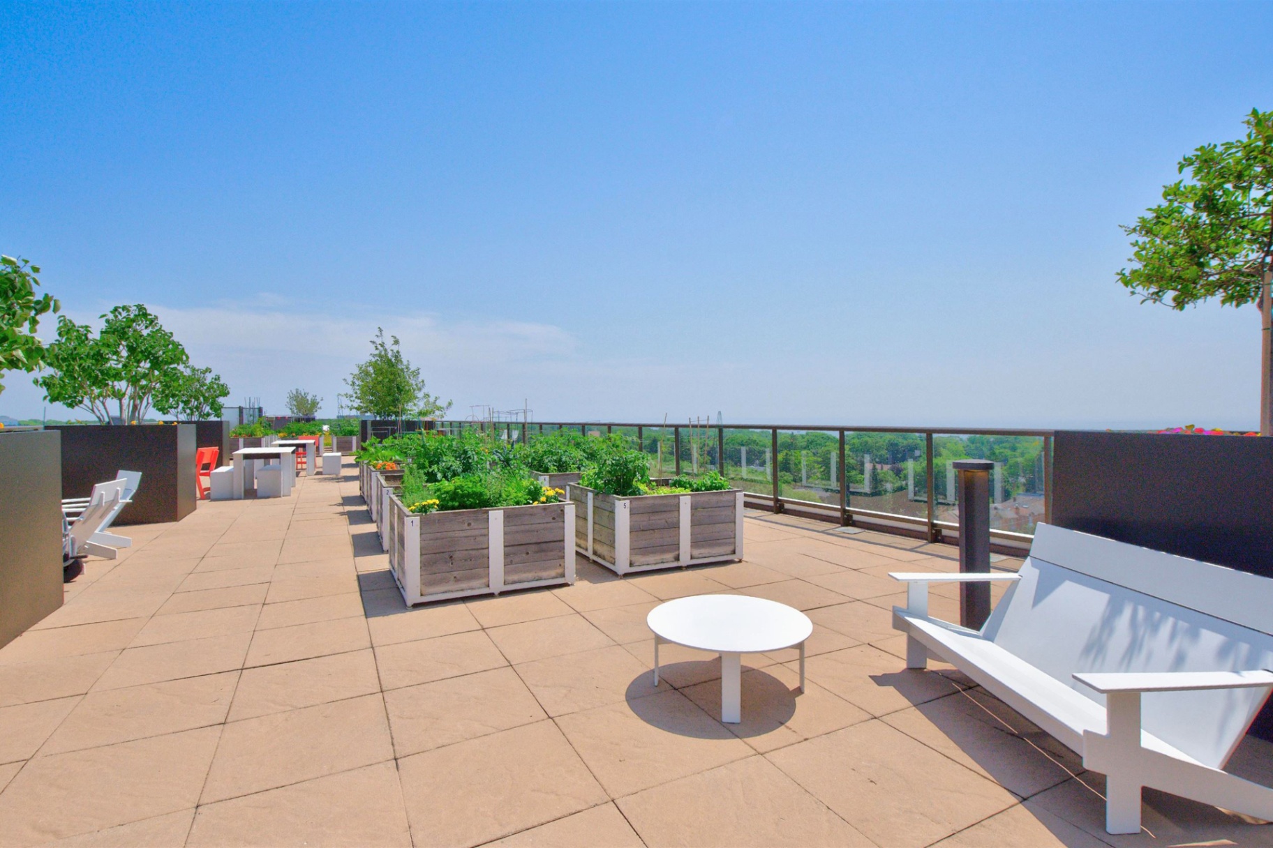 Rooftop terrace with garden planters and lake views
